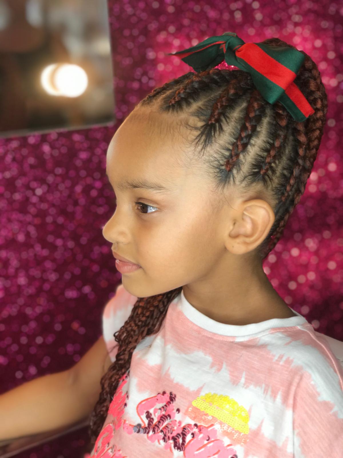 Kids braids side profile with ribbon bow